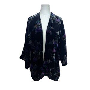 Loft Womens Black Velvet Floral Open Front Cardigan Size M/L